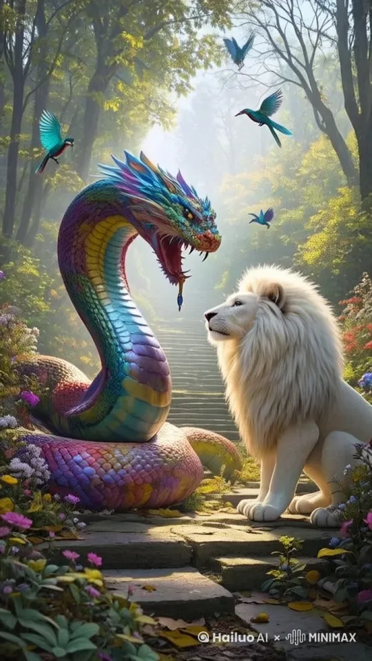 蛇与狮子疯狂的撕咬，狮子的两个前爪子向蛇抓去，蛇与狮子打架 by Hailuo AI Video Generator