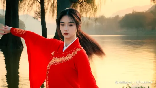 古代一个女孩子身穿漂亮的红色战衣，在湖边，打太极，姿态优美，饱和光线，电影光效，4k超清， by Hailuo AI Video Generator