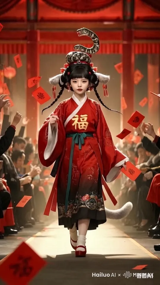 妖狐仙女参加春晚时装秀，迈着标准的模特步走出六亲不认的步伐。周围的观众纷纷鼓掌撒红包。动作自然流畅。电影特效制作。顶级电影画质作品 by Hailuo AI Video Generator
