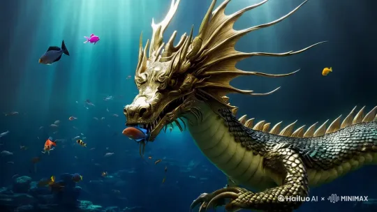 东海龙王名敖广，是中国古代神话传说中的龙族之王，亦为所有水族之王。统治东海之洋，主宰着雨水、雷鸣、洪灾、海潮、海啸等 by Hailuo AI Video Generator
