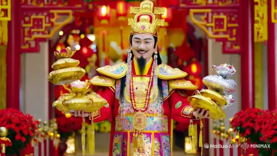 财神来到家门口，笑嘻嘻的，胸前抱滿了各种金银财宝，财神穿着华丽的财神服，周围环境是过年的欢庆气氛 by Hailuo AI Video Generator