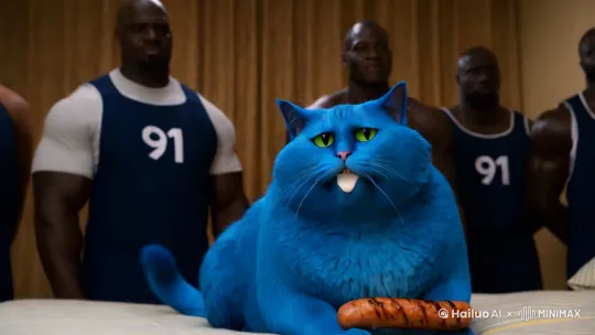 一个蓝色的胖猫嘴里含着一个烤肠在床上并且嘴里吐着牛奶它的旁边站着几个身穿写着91衣服的强壮的黑人 by Hailuo AI Video Generator