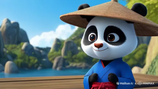 水缓缓流动，白云轻轻漂浮，熊猫微笑着说话，然后练气了太极拳，动作自然，画面唯美，画质高清 by Hailuo AI Video Generator