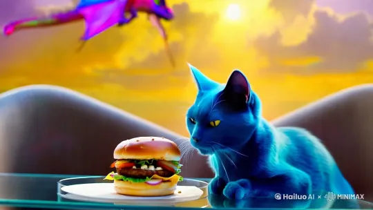 蓝色的猫吃汉堡，黄色的龙在天空盘旋 by Hailuo AI Video Generator