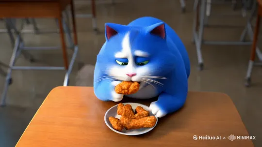 空旷的教室，一只蓝色胖猫正在桌子上吃美味的炸鸡，这时突然有两个女同学走进来，捏着鼻子觉得空气的味道非常恶心，不停的用手扇着空气，胖猫一边吃炸鸡一边疑惑地盯着她们 by Hailuo AI Video Generator