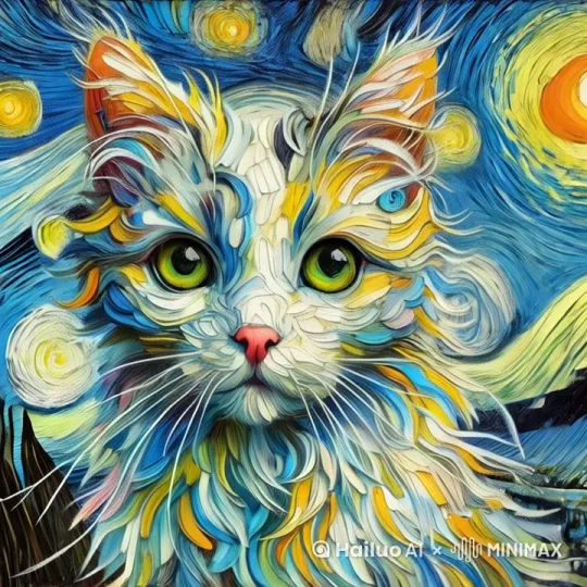 猫咪开口交换，眼睛正常眨眼，耳朵会动，整个画面色彩流动 by Hailuo AI Video Generator