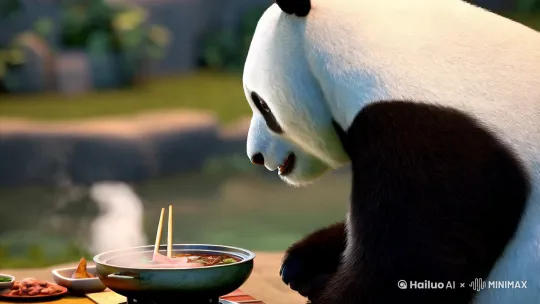 微风轻轻吹动熊猫身上的毛发,熊猫脸上的毛发在风中轻轻不停地飘拂着,身上的衣服也在风中吹动轻微有动感,头轻轻转过右边一点点,略微睁开眼睛一条缝瞄一眼,右手边有个冒着热气的火锅,火锅边上有双筷子,熊猫右手轻轻拿起筷子在火锅中夹起一块肉片放入嘴中并吞下,有吞咽动作和腹部衣服有动感,再放下筷子,然后恢复初前动作,再任风吹动毛发。 by Hailuo AI Video Generator