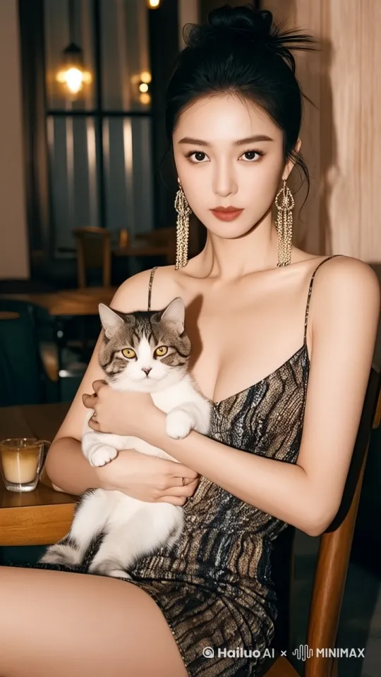 镜头动态跟随，美女怀中的猫咪挣脱出美女的怀抱，跳到到桌面上，不慎打翻桌上的咖啡，一脚回旋踢攻击美女，美女站立起来，椅子倒地，并完美躲过并回击一套组合拳，出拳速度极快，胸部微微抖动，猫咪后腿两步躲过，趴在桌面求饶，动作流畅，形象生动，电影既视感，8K画质 by Hailuo AI Video Generator