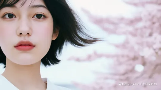 特写镜头，特写短发女生眼睛以下的下半张脸和一点点白色衬衣，背景是虚化的樱花树，风缓缓吹起了短发，镜头向着右下方缓缓地移动，有零星的樱花瓣随风吹落，画面是日系的清透的白色调。 by Hailuo AI Video Generator