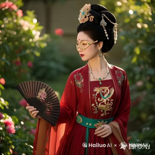 女人扇动折扇，镜头慢慢推进。 by Hailuo AI Video Generator