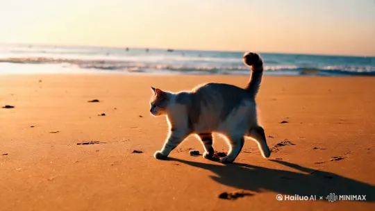 一只猫在沙滩跳舞 by Hailuo AI Video Generator