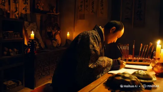 以下是为您生成的这个视频的描述：

画面始于一间昏暗的房间，烛光摇曳，墙壁上挂着古老的符咒和神秘的画卷。镜头聚焦在一张堆满物件的长桌前，一位身着道袍的道长背对镜头而坐。

道长的道袍上绣着神秘的符文，衣袂在微弱的气流中轻轻摆动。桌上，一方陈旧的砚台散发着淡淡的墨香，旁边的毛笔架上整齐地挂着几支粗细不同的毛笔。

一个龟壳置于桌上，纹理清晰，仿佛诉说着岁月的沧桑。还有一个金色的钵，在昏暗中闪耀着神秘的光芒。

道长身姿挺拔，他提笔蘸墨，运笔如飞，毛笔在纸上沙沙作响。整个房间静谧而神秘，只有道长写字的声音和微弱的烛光在跳动，营造出一种浓郁的传统文化氛围，让人仿佛穿越回了古老的时光。 by Hailuo AI Video Generator