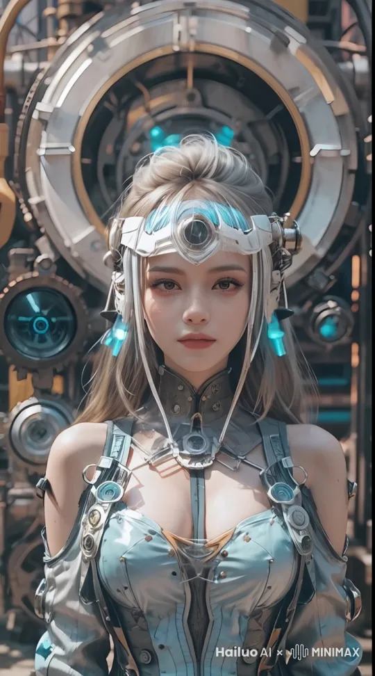 画面中的人物微笑，穿着性感的唐装，后边的飞行器发着光并转动 by Hailuo AI Video Generator