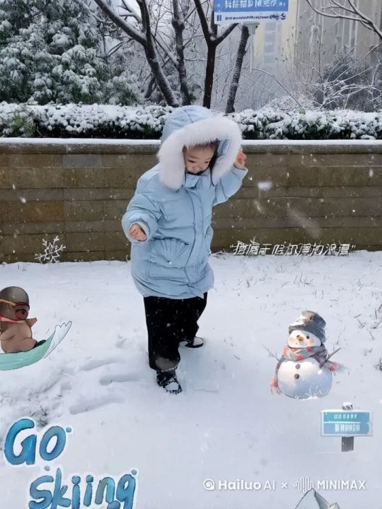 她慢慢的蹲下来，用双手捧起雪地上的小雪人，举起来，又慢慢的放到地上，直起来身体，双手高高的举起来，向上跳起来了，双脚离地。 by Hailuo AI Video Generator