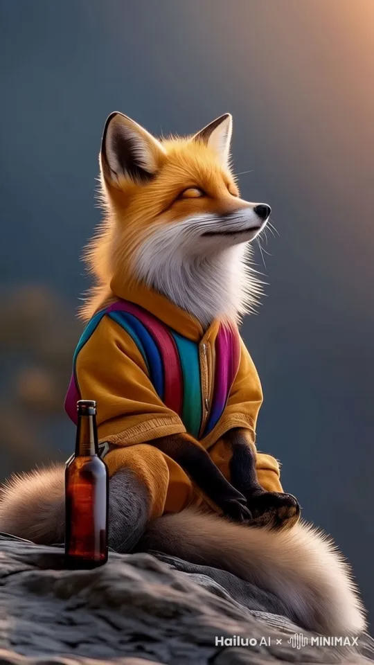 微风轻轻吹动身上的毛发，脸上的毛发在风中轻轻不停地飘拂着，身上的衣服也在风中吹动轻微有动感，头轻轻转过右边一点点，略微睁开眼睛一条缝瞄一眼，右手轻轻抓起酒瓶放嘴边用力喝了一只并吞下，有吞咽动作和腹部衣服有动感，再放下瓶子，然后恢复初前动作，再任风吹动毛发。 by Hailuo AI Video Generator