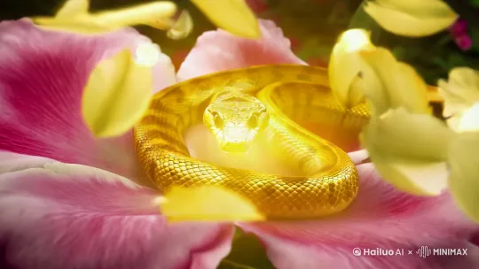 牡丹花的花瓣里出现一条金色的小蛇，花瓣神奇的发光，强光里巨蟒看向镜头，微笑的脸部特写，它的头上有花瓣的烙印，花瓣烙印闪着光，背景里花瓣飘落，喜悦神秘的氛围，极致细节，高清摄影，戏剧性光影，大师构图 by Hailuo AI Video Generator