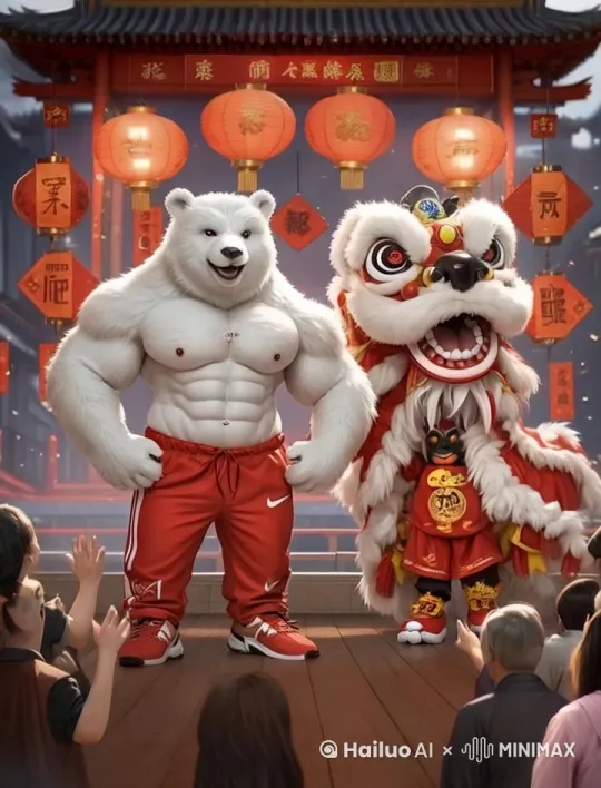灯火通明的庙会舞台上，大白熊在秀肌肉，一旁的小伙在表演舞狮，表演完后舞台上的演员们向台下的观众们打招呼挥手致意，台下的观众纷纷鼓掌喝彩，动作流畅自然，特效渲染 by Hailuo AI Video Generator