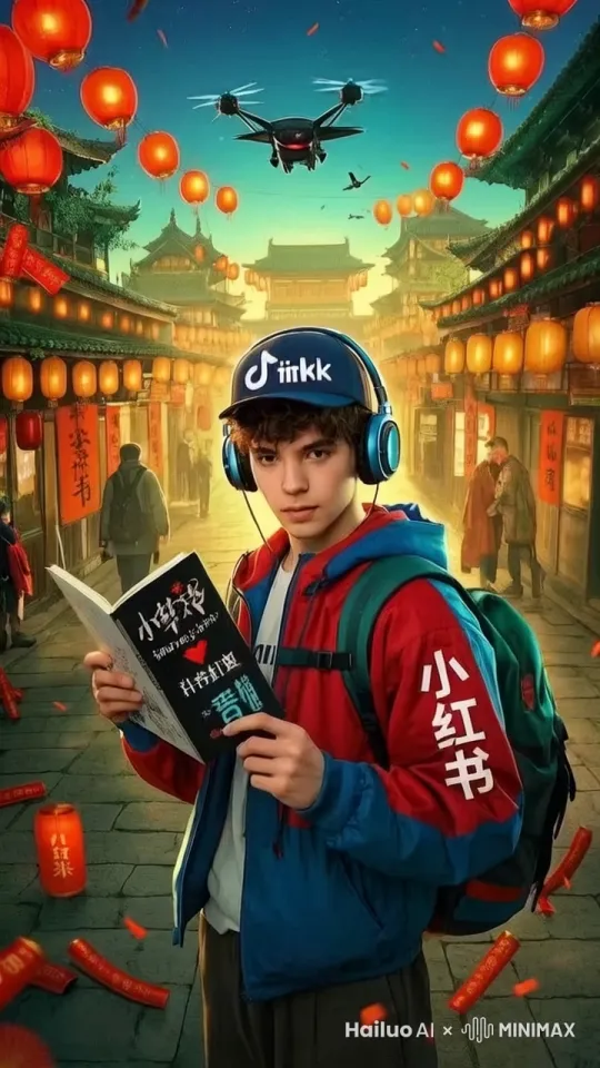 ，灯笼摇晃，天上的无人机正在飞行巡逻，旅行者背着书包拿着导航册子四处看身边的美景，然后朝身后方向走去。动作流畅自然。电影特效渲染。 by Hailuo AI Video Generator