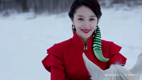 一位穿红衣服裙的高端气质欧美古美女，美女头发戴着一个绿白相间的蛇形发夹的，面对微笑，骑着一匹高大白马，在雪地上行走全身照，英姿飒爽！ by Hailuo AI Video Generator