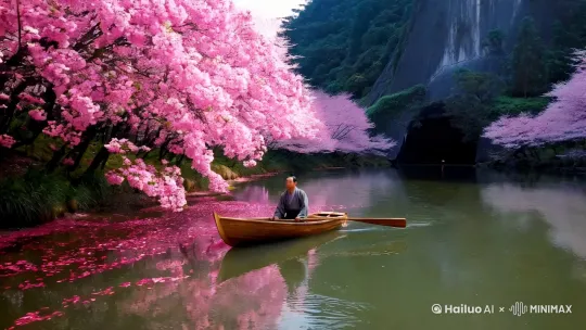 东晋太元年间，武陵郡有个人以打渔为生。他顺着溪水行船，忘记了路程的远近。忽然遇到一片桃花林，生长在溪水的两岸，长达几百步，中间没有别的树，花草鲜嫩美丽，落花纷纷的散在地上。渔人对此（眼前的景色）感到十分诧异，继续往前行船，想走到林子的尽头。桃林的尽头就是溪水的发源地，于是便出现一座山，山上有个小洞口，洞里仿佛有点光亮。 by Hailuo AI Video Generator