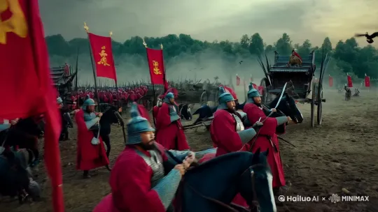 Ancient Chinese battlefield, Warring States period, two armies clashing, You army in red armor with "尤" banners, Zhuang army in black armor with "庄" banners, soldiers wielding spears, shields, bows, and swords, war chariots in the distance, commanders waving flags, dust clouds rising, horses galloping, vultures circling in the gloomy sky, broken weapons and banners scattered on the ground, highly detailed, realistic style, dramatic lighting, strong color contrast, cinematic composition, epic atmosphere.
两支军队在平原上激烈交战,红色和黑色的铠甲形成鲜明对比。
战马奔腾,尘土飞扬,士兵们表情坚毅。
远处山脉和乌云密布的天空,增添压抑的氛围。
细节丰富的武器、旗帜和战车,展现古代战争的恢宏场面。
写实风格,高质量输出 by Hailuo AI Video Generator