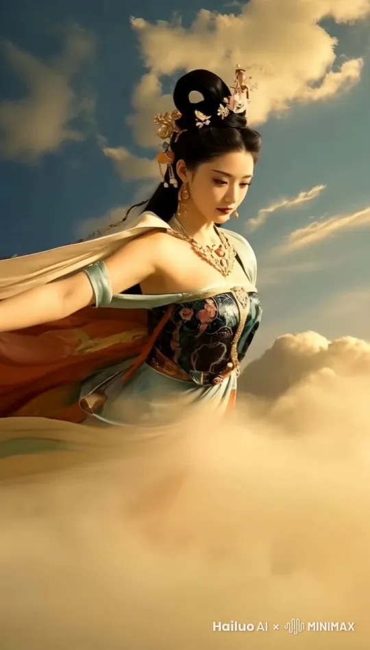 真实摄影，高质量，高级清晰，现代写实风格，人物完整出现在镜头前面，然后向右转身向前方飞去，然后回头一笑，笑容满面，倾国倾城！大师镜头，电影质感 by Hailuo AI Video Generator