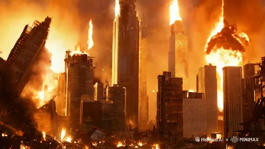 Skyscrapers crumble and cars explode in the background, smoke fire billowing. The hero rises slowly, silhouetted against the inferno, and stands ready for battle. by Hailuo AI Video Generator