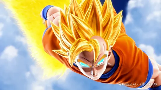 "Anime style, Dragon Ball Z, Goku in Super Saiyan form flying at high speed, ultra-detailed facial features: sharp jawline, defined cheekbones, glowing blue eyes with reflections, golden spiky hair flowing in the wind, orange gi with dynamic wrinkles, intense golden aura with energy particles, cinematic lighting highlighting facial contours, motion blur on background clouds, 8k resolution, vibrant colors, Akira Toriyama's original art style."
「动漫风格」模板,启用「面部增强」与「动态模糊」功能。
分辨率:4K 或 --ar 16:9(宽屏)。
帧率:30fps(高速镜头)+ 部分段落 12fps(漫画感慢动作)。 by Hailuo AI Video Generator