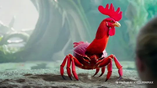 一只巨大红色的螃蟹🦀，幻化成鲜红色的大公鸡 by Hailuo AI Video Generator