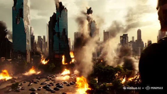 Skyscrapers crumble and cars explode in the background, smoke fire billowing. The hero rises slowly, silhouetted against the inferno, and stands ready for battle. by Hailuo AI Video Generator