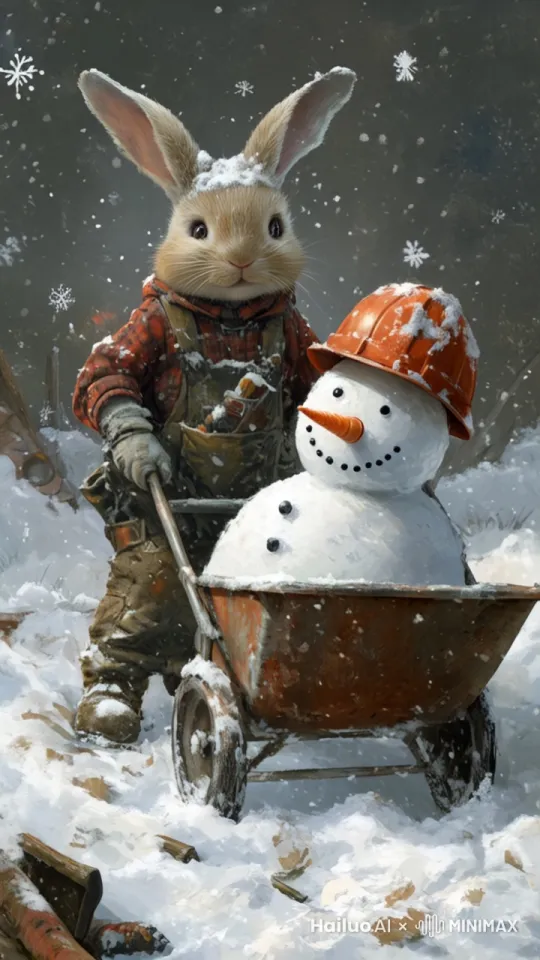 兔子推着雪人继续前行，画面慢慢拉远，雪花继续飘落。 by Hailuo AI Video Generator