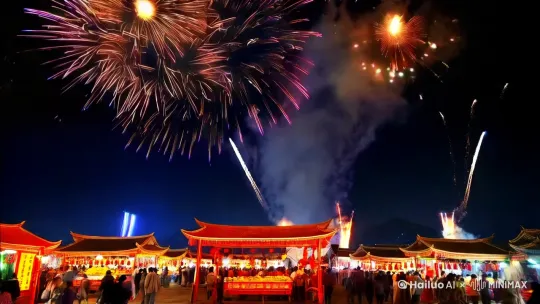1. 开场镜头（0:00 - 0:10）
画面：烟花在夜空中绽放，镜头缓缓拉近，展现一个热闹的春节市集。
字幕：春节——中国最重要的传统节日。
背景音乐：欢快、喜庆的中国传统音乐。
2. 春节的由来（0:10 - 0:30）
画面：动画展示年兽的传说，年兽被红色和鞭炮吓跑。
旁白：春节的起源可以追溯到几千年前，传说中人们用红色和鞭炮驱赶年兽，祈求新年的平安与好运。
字幕：春节的由来——驱逐年兽，祈求平安。
3. 传统习俗（0:30 - 1:00）
画面：一家人贴春联、挂红灯笼、包饺子、放鞭炮。
旁白：春节期间，人们会贴春联、挂红灯笼、包饺子、放鞭炮，寓意着辞旧迎新，迎接新年的到来。
字幕：贴春联、挂红灯笼、包饺子、放鞭炮。
4. 家庭团聚（1:00 - 1:30）
画面：一家人围坐在餐桌旁，享用丰盛的年夜饭，互相敬酒，送祝福。
旁白：春节是家庭团聚的时刻，家人们会聚在一起，享用丰盛的年夜饭，互相送上最美好的祝福。
字幕：家庭团聚，共享年夜饭。
5. 红包与礼物（1:30 - 2:00）
画面：孩子们收到红包，开心地笑着；成年人互相赠送礼物。
旁白：红包是春节的传统，孩子们会收到长辈们的红包，寓意着祝福和好运。
字幕：红包与礼物，传递祝福与好运。
6. 舞龙舞狮（2:00 - 2:30）
画面：舞龙舞狮表演，现场热闹非凡，观众欢呼雀跃。
旁白：舞龙舞狮是春节期间的传统表演，象征着驱邪避凶，带来好运。
字幕：舞龙舞狮，驱邪避凶。
7. 结尾镜头（2:30 - 3:00）
画面：烟花再次绽放，人们在街头巷尾互相拜年，笑容满面。
旁白：春节是一个充满欢乐与祝福的节日，愿每一个人在新的一年里都能平安健康，万事如意。
字幕：春节快乐，平安健康，万事如意。
背景音乐：欢快、喜庆的音乐逐渐减弱。
8. 结束画面（3:00 - 3:10）
画面：一个红色的“春”字缓缓出现，背景是烟花和灯笼。
字幕：感谢观看，祝您新春快乐！ by Hailuo AI Video Generator
