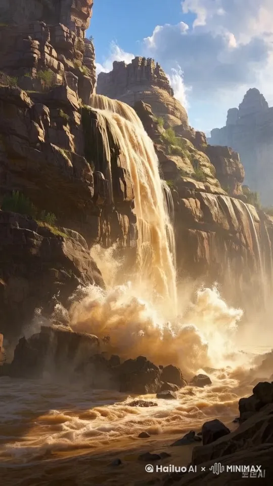 水流下来，激起汹涌的水花 by Hailuo AI Video Generator