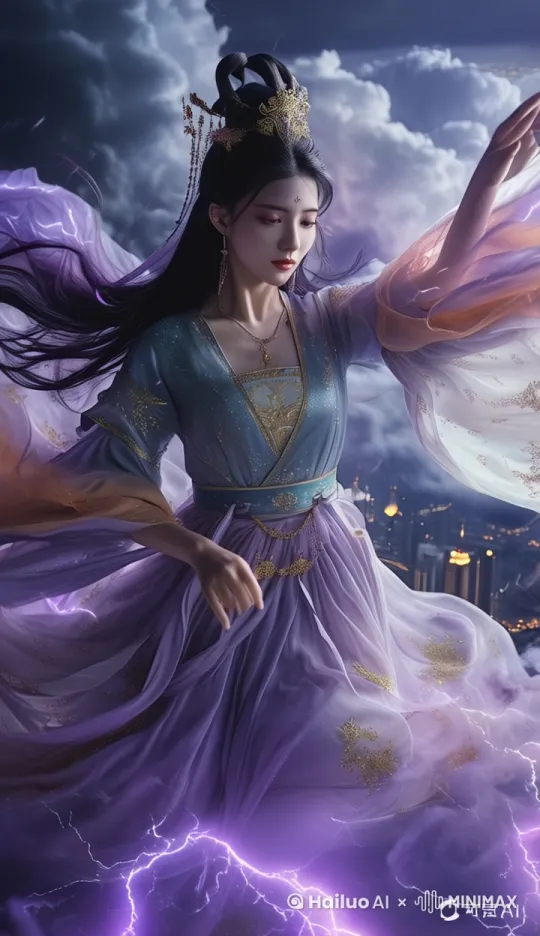 写实风格，嫦娥仙子，身着中国神仙汉服，长发飘逸，衣袂飘飘，在云端快速向前飞行，飞行姿势优美，裙摆飘逸，周围是紫色的闪电和黑暗的天空，气氛神秘而梦幻，在云层中穿梭飞行，镜头跟随，云层下面是现代都市上海，fpv视角，云层滚动，镜头冲击力强，镜头穿梭，第一视角，高速飞行，动态模糊，紫色闪电在云层闪烁 by Hailuo AI Video Generator