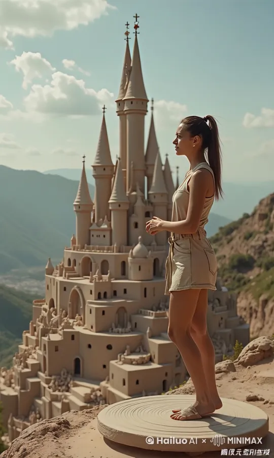 Petals flood comes and cover clay castle and clay castle is replaced by Disney castle after flood goes. by Hailuo AI Video Generator