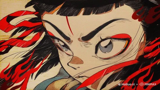 中国神话人物，哪吒，坚毅的眼神，周围飘动的火苗，眨眼 by Hailuo AI Video Generator