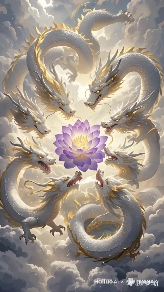 八龙：画面中的主要元素，形态各异、栩栩如生，展现出龙的威严与神秘。
莲花：位于画面中心，散发着光量，是视觉焦点之一，象征着纯洁与神圣。
光量互动：龙与莲花之间存在光量的吸引与流转，增加画面的奇幻感与动态效果。
云朵漂移：背景中的云朵营造出缥缈的氛围，增强画面的层次感与空间感。
奇幻场景：整体画面充满奇幻色彩，给人一种超脱现实的视觉体验。
AI制作：强调该视频是通过AI技术创作，体现科技与艺术的结合。
动态游走：八只龙在画面中呈现出游走的动态，使画面更加生动活泼。
色彩绚丽：丰富的色彩运用，如龙的多彩身躯、莲花的紫色、云朵的白色等，营造出视觉冲击力。
动作流畅，画面清晰。 by Hailuo AI Video Generator