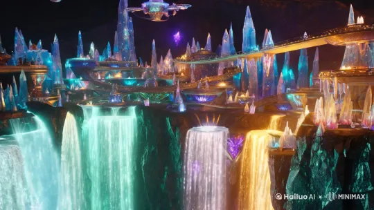 A shimmering, crystalline city built into the side of a massive mountain on a distant planet. Waterfalls of liquid light cascade down the cliffs, with hovering bridges connecting the structures. The entire city glows as it absorbs energy from the planet’s core. by Hailuo AI Video Generator