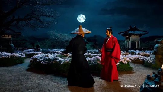夜里皎洁的月光下一位带着斗笠的黑衣大侠正和另一位侠气的红衣大侠比武，刀光剑影，火花四溅，场面激烈壮观，花丛中，漫花飞舞，夜色凄凄，乌鸦站在枝头高歌，大侠衣摆飞舞， by Hailuo AI Video Generator