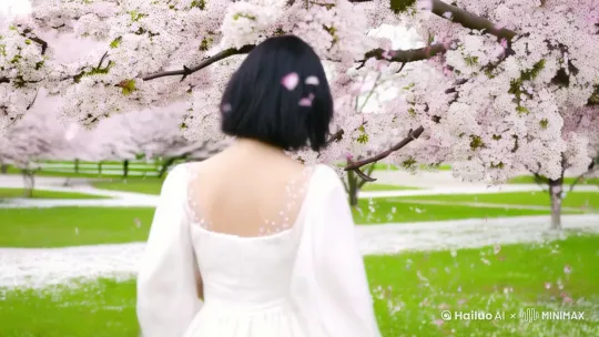  拍摄手法：跟镜头，从樱花树后缓缓拉出，女主角从画面左侧步入樱花树下。女主角身着白色连衣裙，短发随风轻拂，眼神中带着一丝忧郁和期待。 by Hailuo AI Video Generator