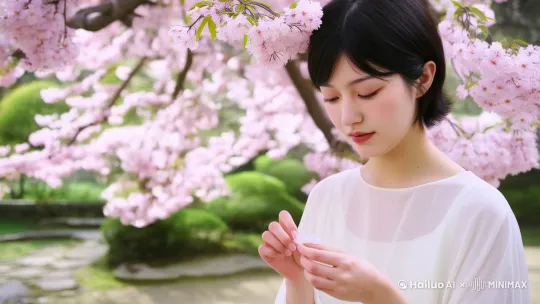  拍摄手法：近景镜头，女主角低头，手中把玩着一片樱花瓣。 画面：女主角轻声自语，声音柔和而充满情感。场景：樱花树下，一处宁静的日式庭园，服装：女主角身着一袭轻盈的白色连衣裙 by Hailuo AI Video Generator