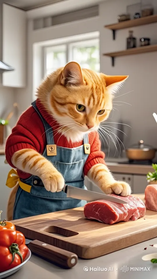 镜头视角固定，橘猫拿着菜刀把肉切成一片一片的，像人类一样真实， by Hailuo AI Video Generator