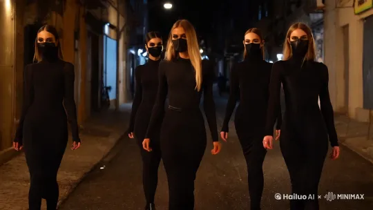 在光影交织的街头，五位身着黑色紧身衣的女性，宛如暗夜中的精灵。黑色眼罩增添神秘气息，黑丝长腿尽显魅惑，她们以独特的姿态，定格成一幅令人瞩目的时尚画卷，仿佛在诉说着不为人知的故事，每一个动作都散发着自信与魅力，成为街头巷尾最亮眼的风景。 by Hailuo AI Video Generator