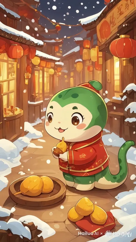 快过年时，古色古香且挂满红灯笼的雪夜街巷中，身着传统红衣的可爱小蛇吃到了糖果，开心得像孩子一样在原地蹦跳，周围是摆放着的葫芦和年货 。  by Hailuo AI Video Generator