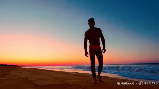 帅哥肌肉猛男三角泳裤海滩夕阳 by Hailuo AI Video Generator