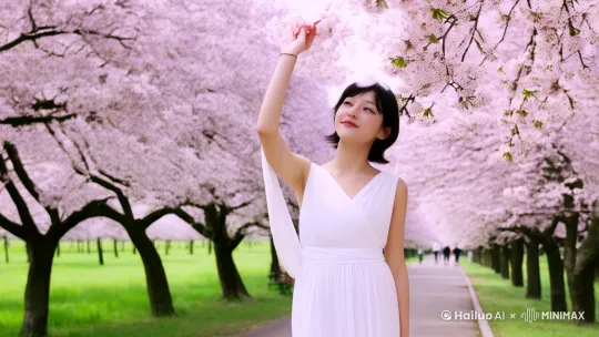 女主角漫步在樱花树下，轻轻触摸着花瓣，仿佛在感受它们的温度。女主穿的是件白色的无袖连衣
她抬头望向满树的樱花，眼神中流露出深深的怀念 by Hailuo AI Video Generator