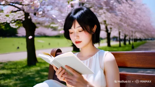 女主坐在长椅上，穿着一件白色的无袖连衣裙，拿着一本书默默地看着，周围是樱花树的场景，樱花在缓缓地飘动，电影质感 by Hailuo AI Video Generator