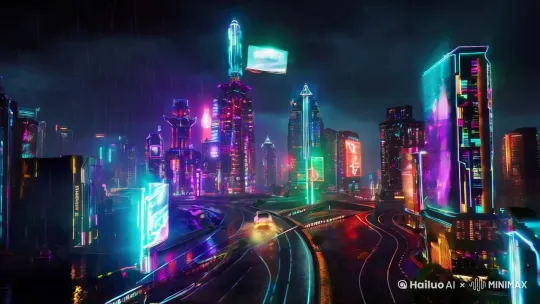 赛博朋克未来城市夜景，霓虹灯闪烁，高楼林立，全息投影广告在空中漂浮，无人车在街道上穿梭，雨滴反射着五彩光芒，充满科技感和未来感，4K高清，细节丰富，动态流畅。 by Hailuo AI Video Generator