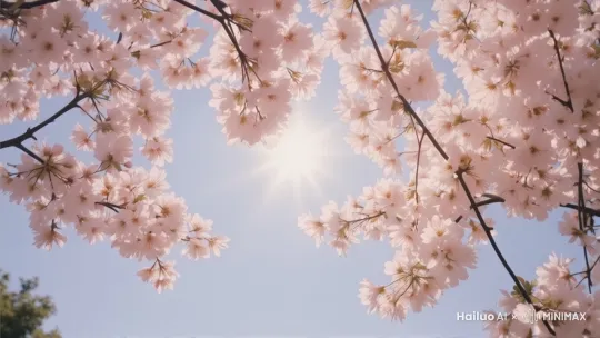 太阳的光影，风轻轻的吹动樱花，缓缓掉落几片花瓣 by Hailuo AI Video Generator