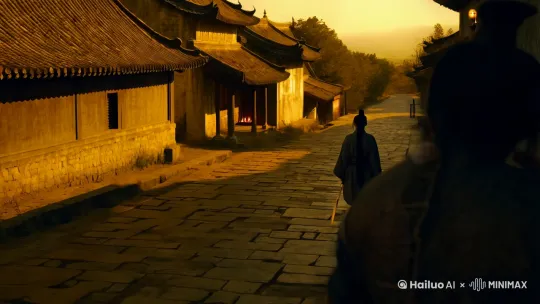 摄影，低角度仰拍，古代武侠风格，黄色调，夕阳下的黄昏，特写带刀大侠的背影，缓慢走在小镇的石板路上，石板路反映着夕阳的光泽，周边破败的瓦房阒无一人，有微弱的烛光，不寒而栗的压迫感！高清电影画质32K。 by Hailuo AI Video Generator